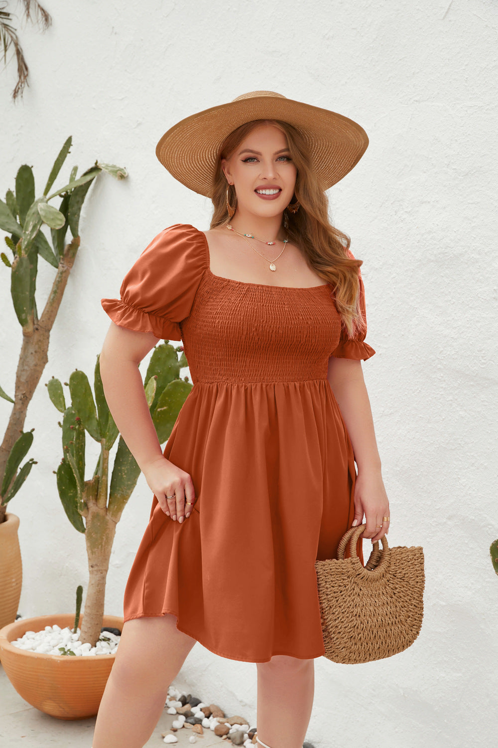 Women's Square Neck Flounce Short Sleeve Shirred Ruffle Hem Dress