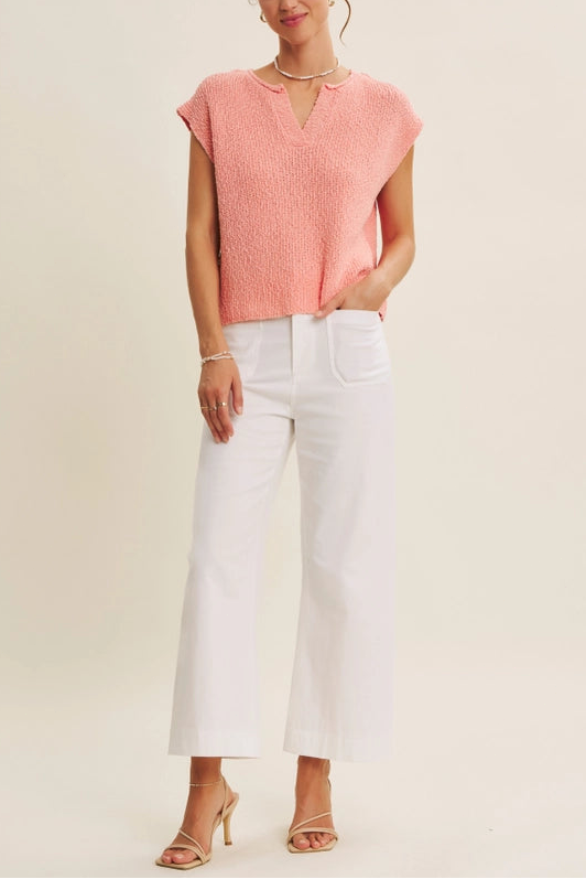 Slub Knit Split Neck Relaxed Short Sleeve Sweater Top