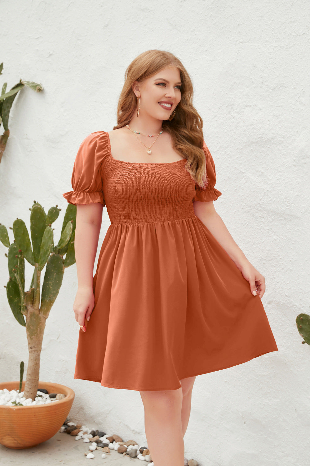 Women's Square Neck Flounce Short Sleeve Shirred Ruffle Hem Dress