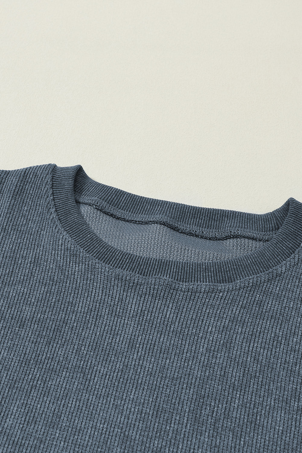 Customizable Solid Ribbed Knit Round Neck Casual PulloverSweatshirt