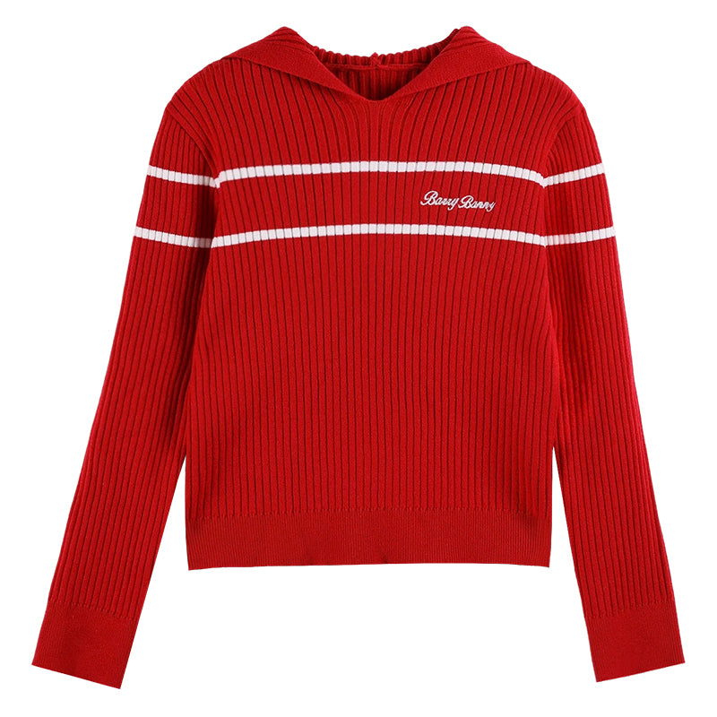 Girls' Striped Knit Hoodie Sweater with Long Sleeves