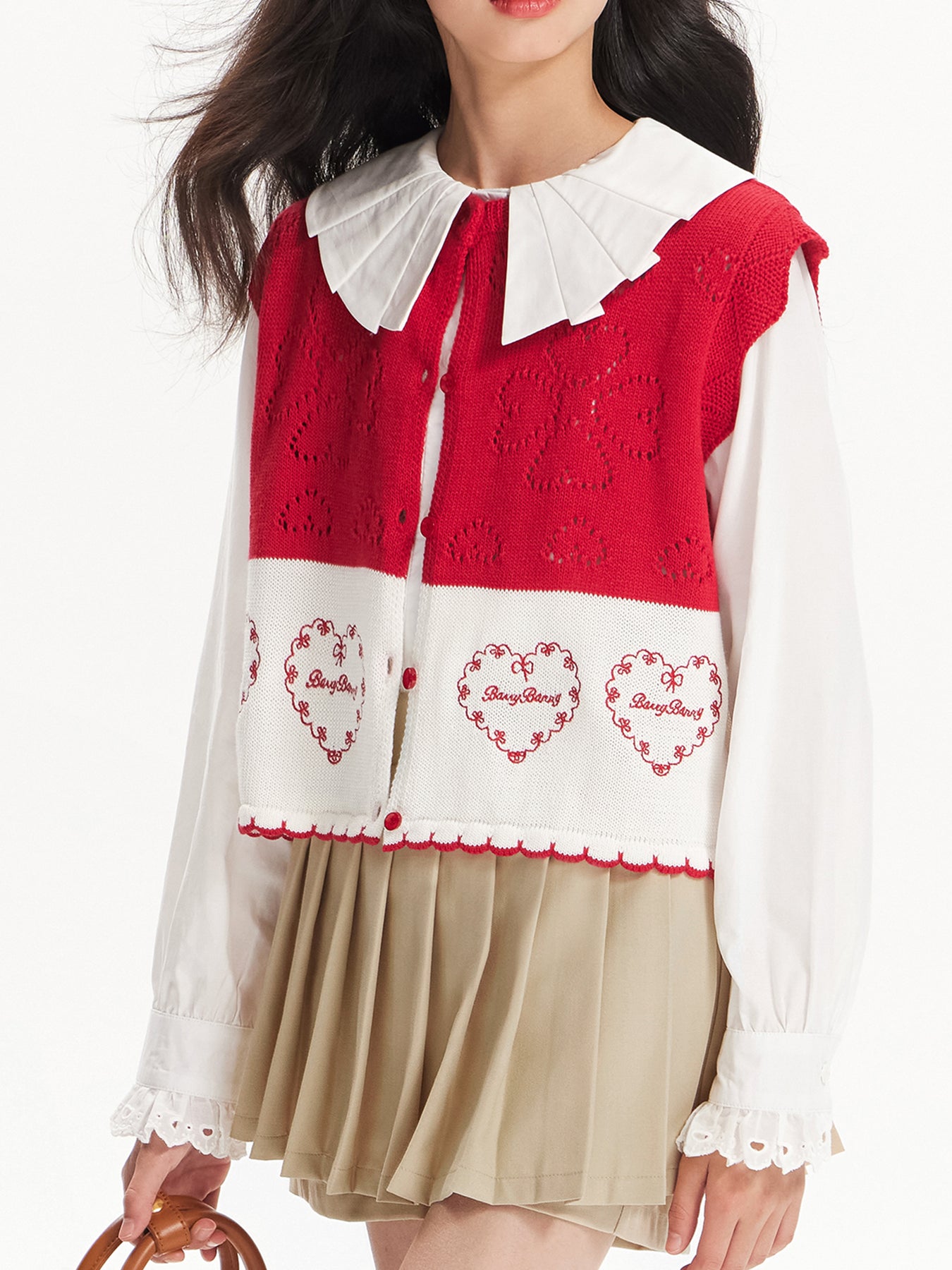 Girls Red Knit Sweater Vest Heart Pattern Cardigan