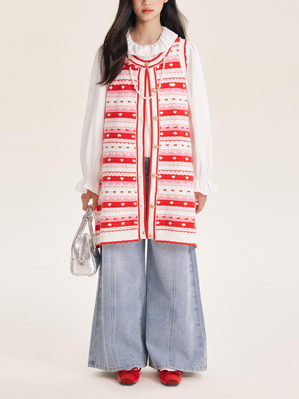 Girls' Red Striped Knit Sleeveless Sweater Dress
