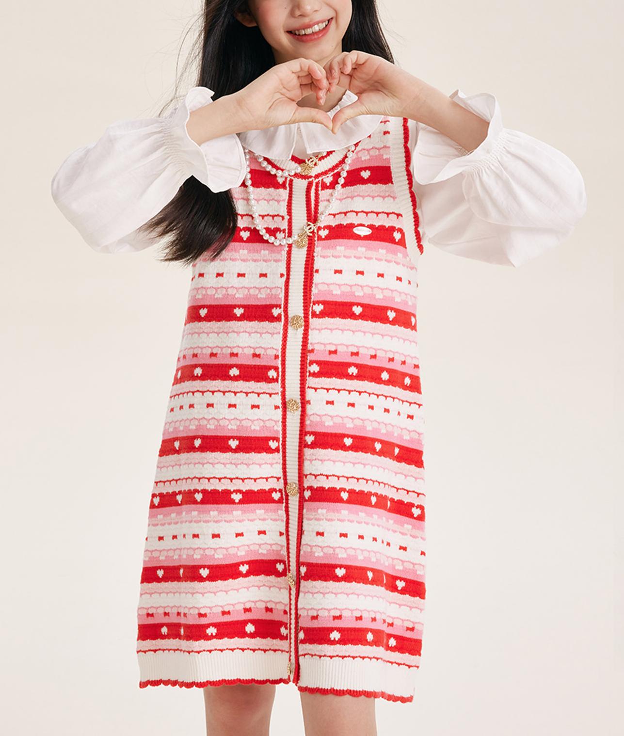 Girls' Red Striped Knit Sleeveless Sweater Dress