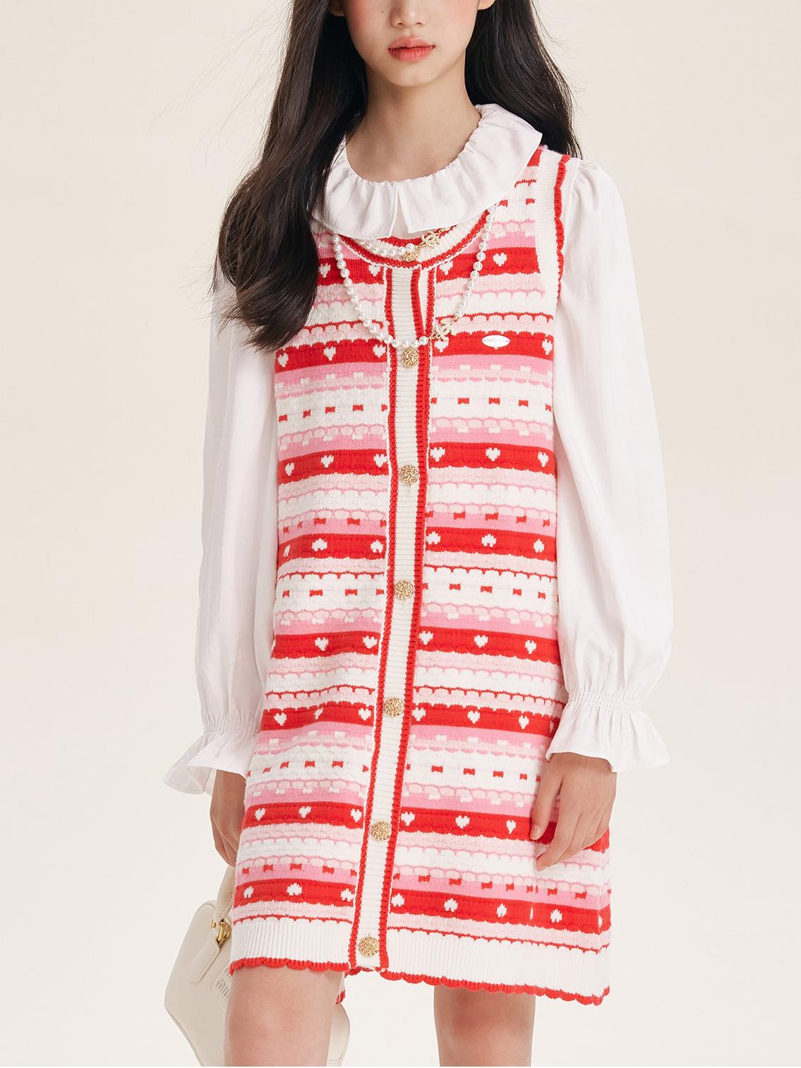 Girls' Red Striped Knit Sleeveless Sweater Dress