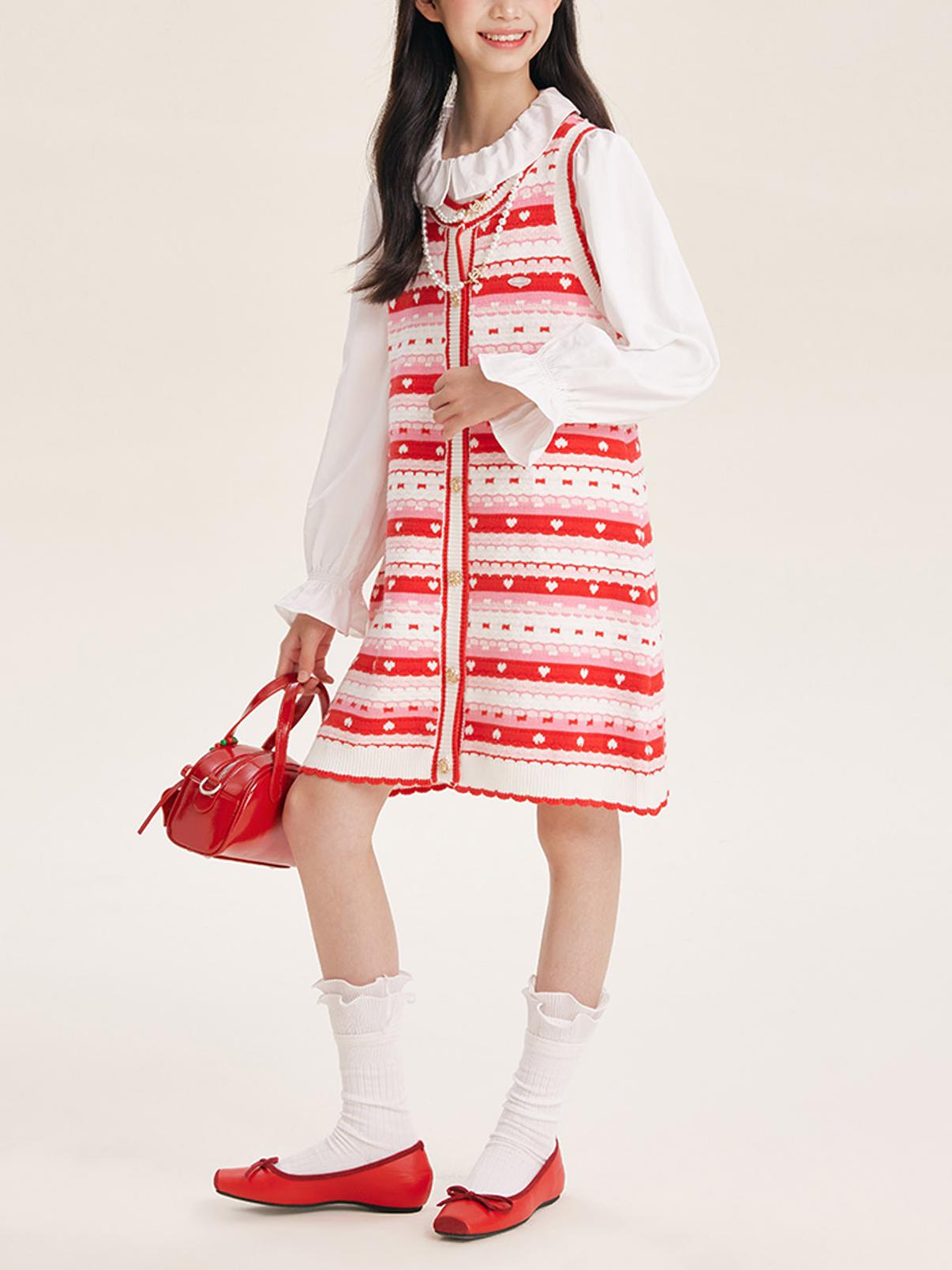 Girls' Red Striped Knit Sleeveless Sweater Dress