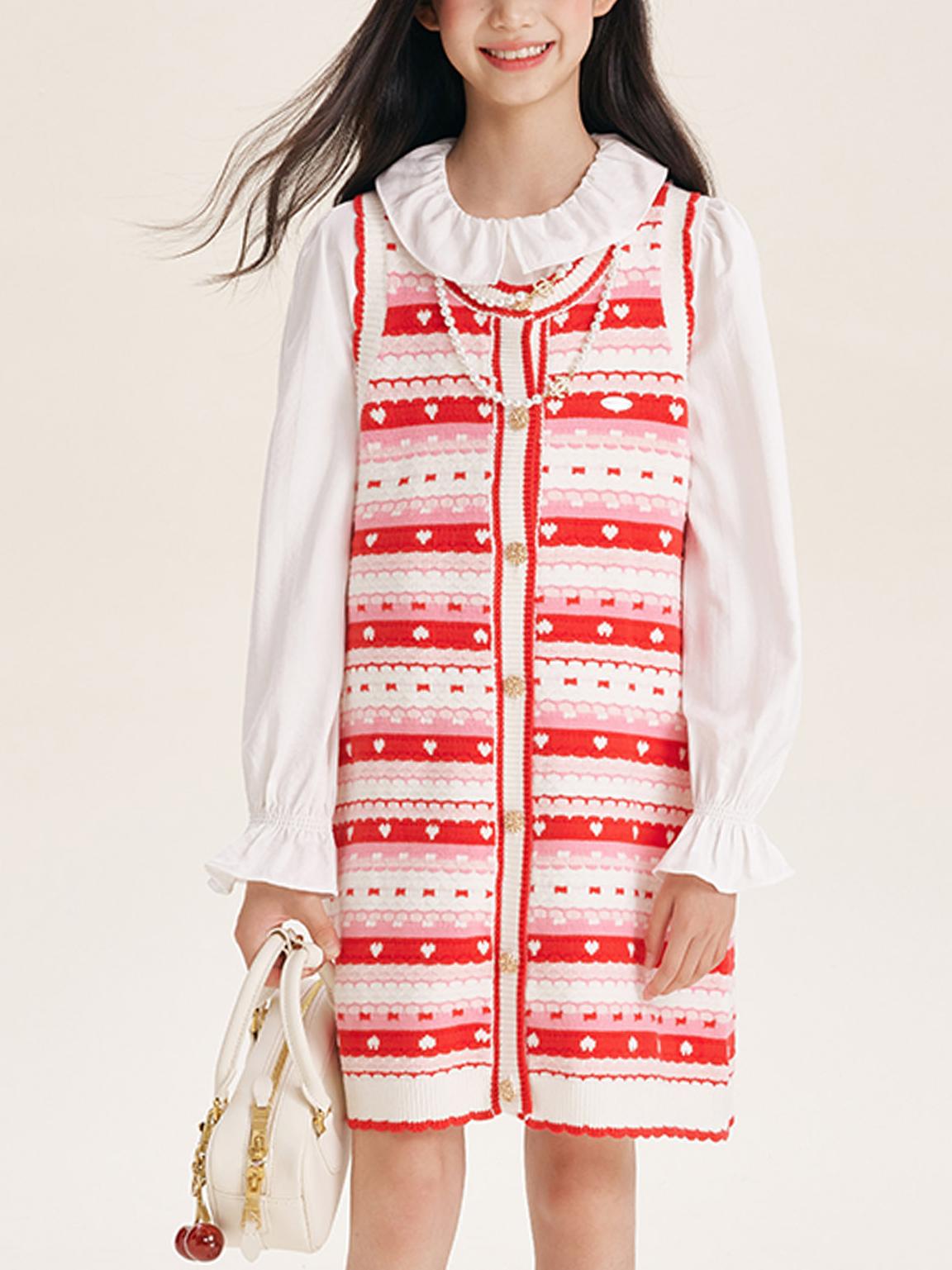 Girls' Red Striped Knit Sleeveless Sweater Dress