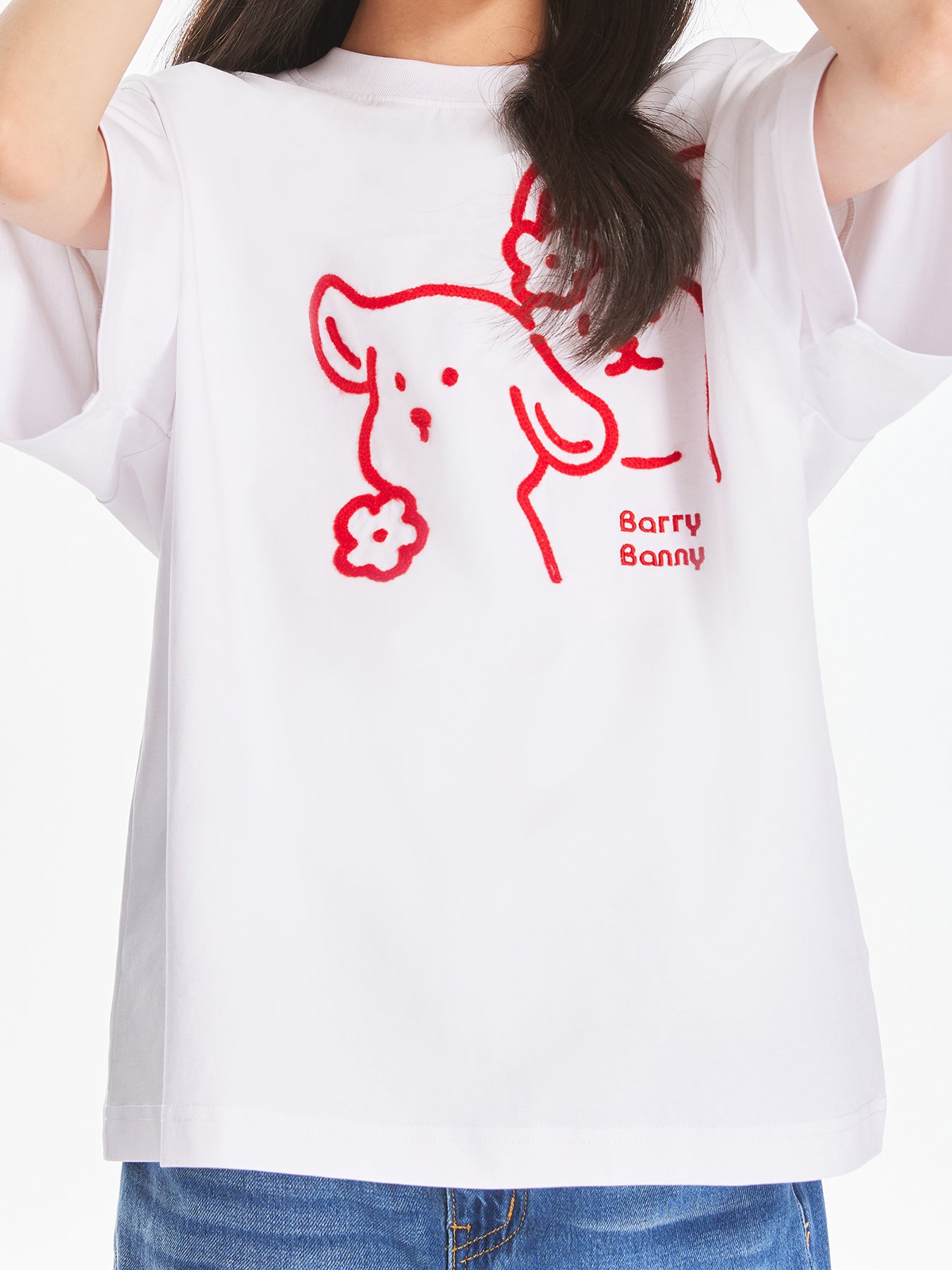 Girls White Cartoon Embroidered Short Sleeve T Shirt