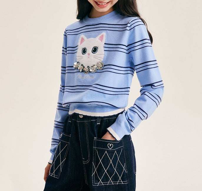 Cute Cartoon Cat Sequin Knit Sweater