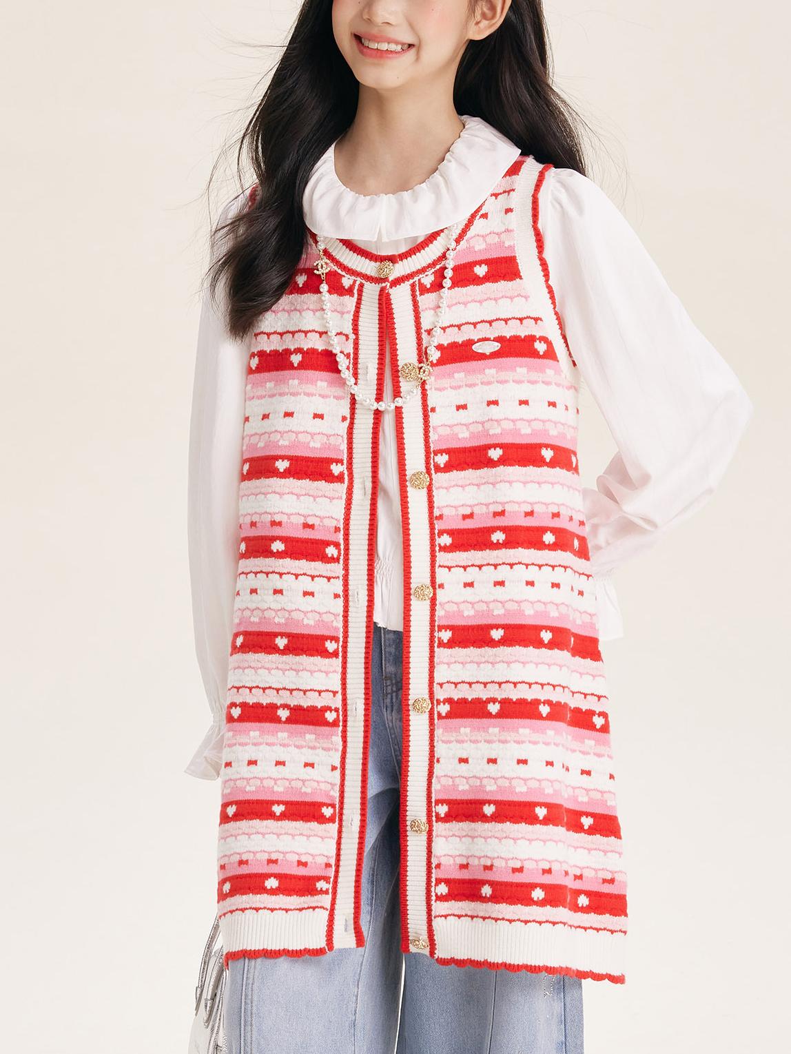 Girls' Red Striped Knit Sleeveless Sweater Dress