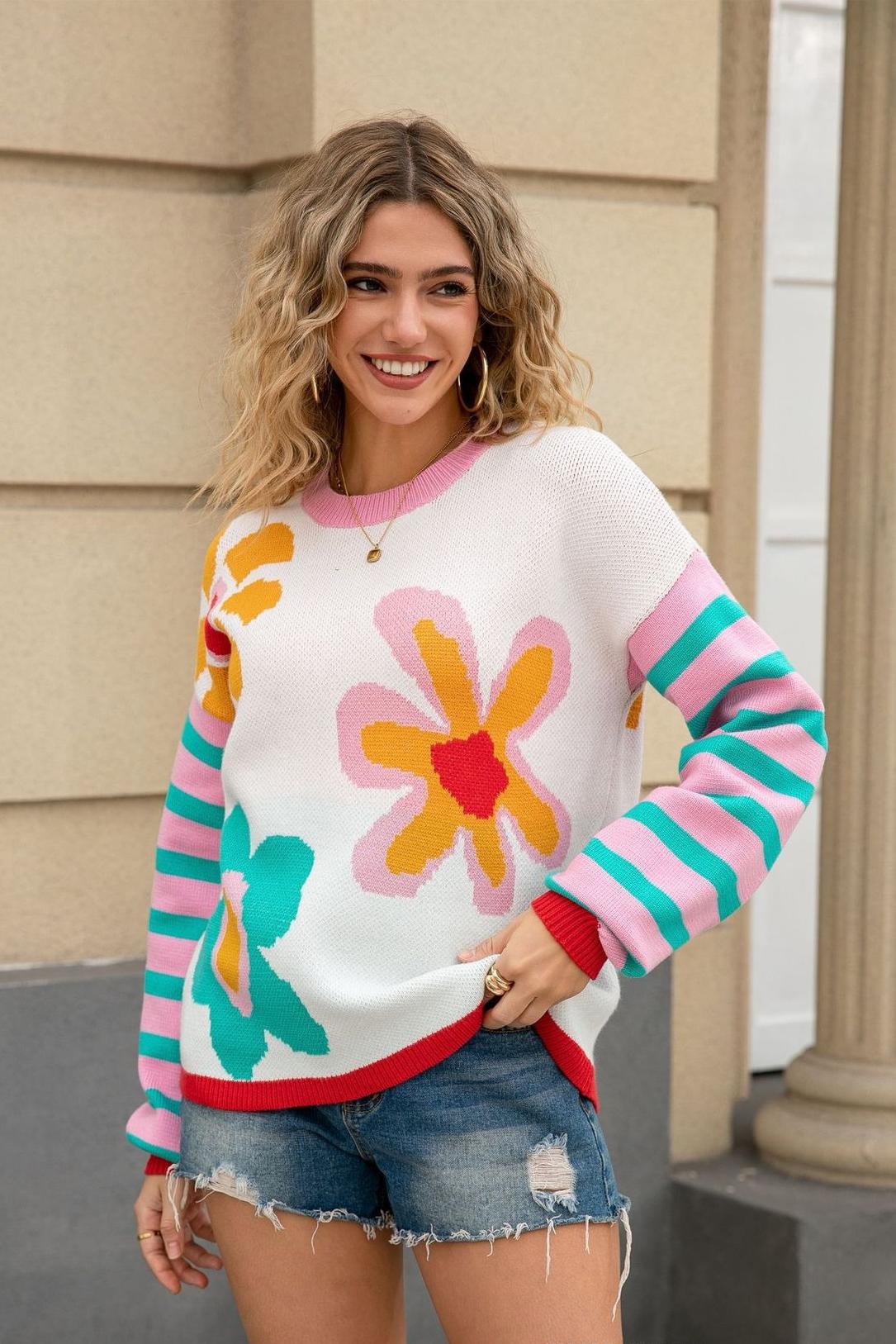 2025 Fall Winter Women’s Colorful Floral Striped Knit Sweater