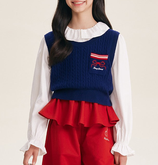 Cute Navy Knitted Vest with Red Bow Detail for Girls
