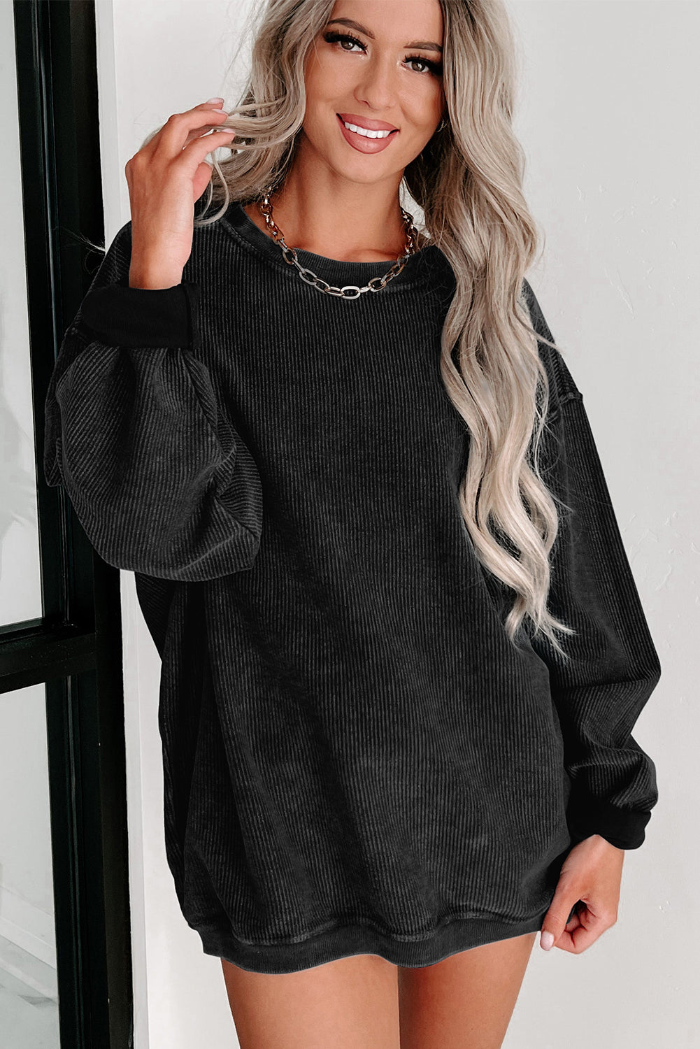 Customizable Solid Ribbed Knit Round Neck Casual PulloverSweatshirt