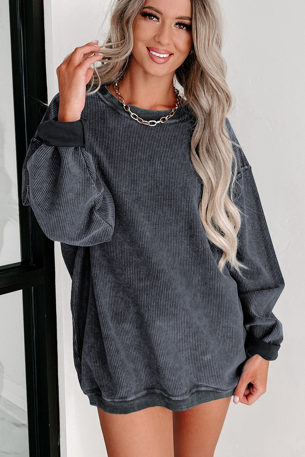 Customizable Solid Ribbed Knit Round Neck Casual PulloverSweatshirt