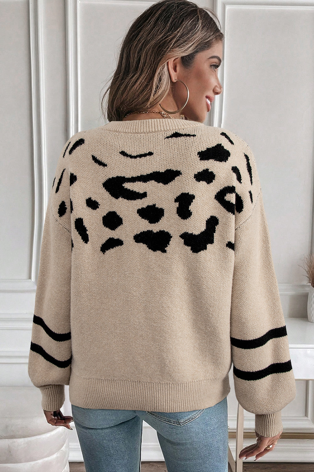 Khaki Leopard Print Drop Shoulder Knit Sweater