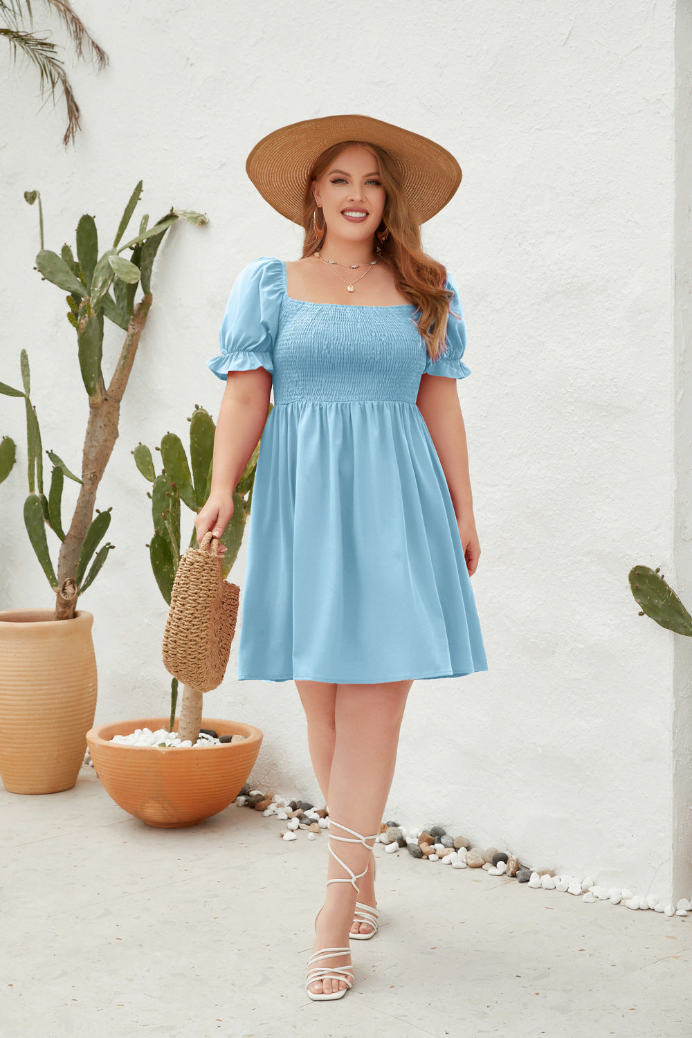 Women's Square Neck Flounce Short Sleeve Shirred Ruffle Hem Dress