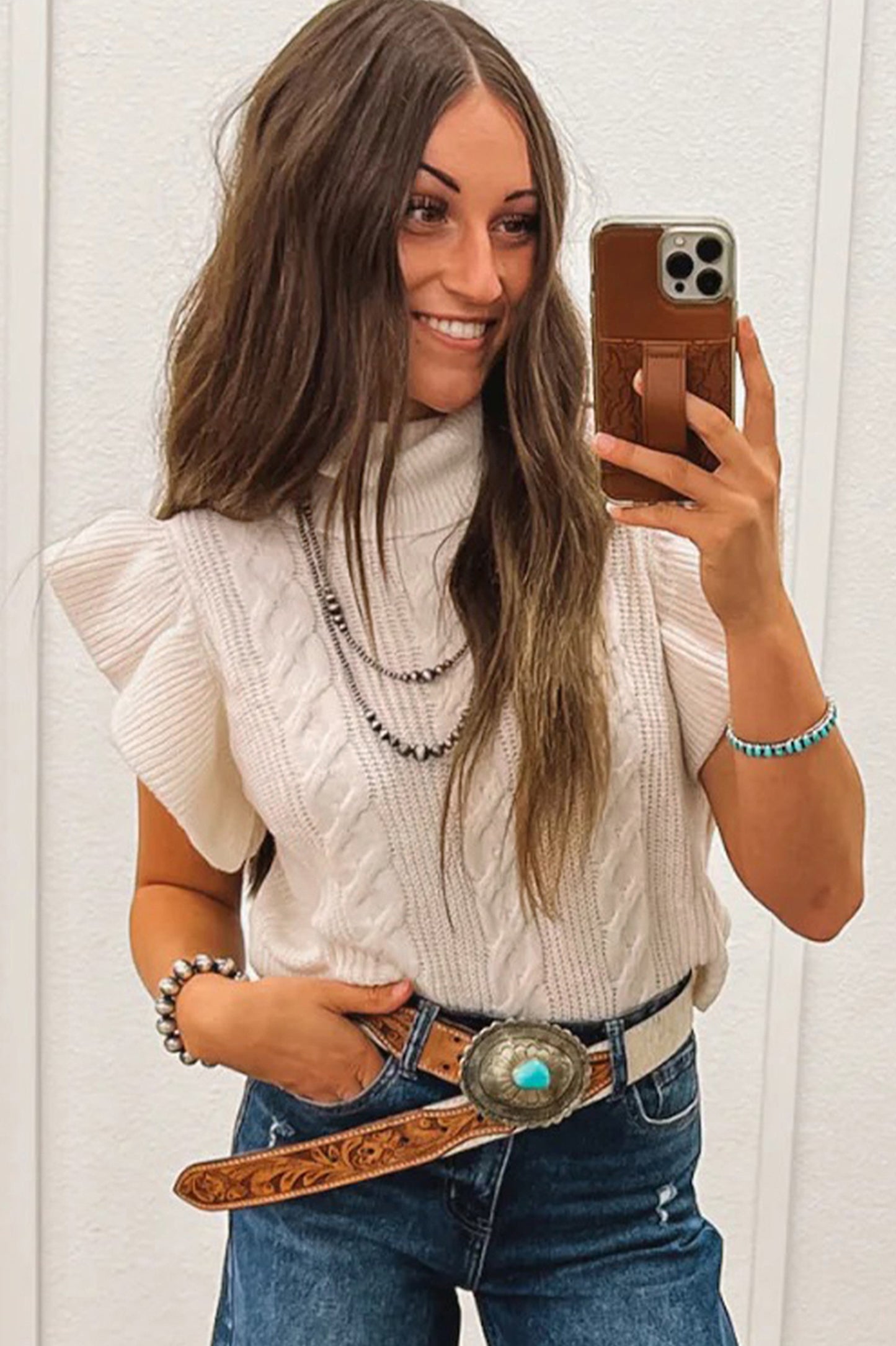 Western Cable Knit Ruffle Sleeve Turtleneck Sweater Top