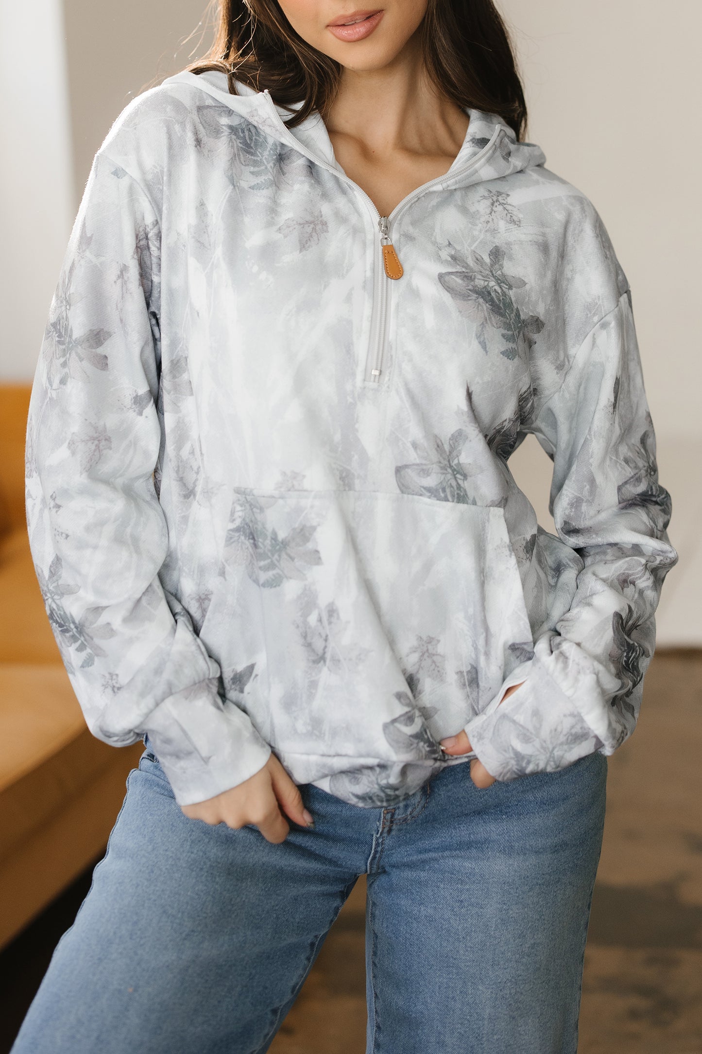 Gray Camo Leaf Print Quarter Zip Hoodie with Pocket