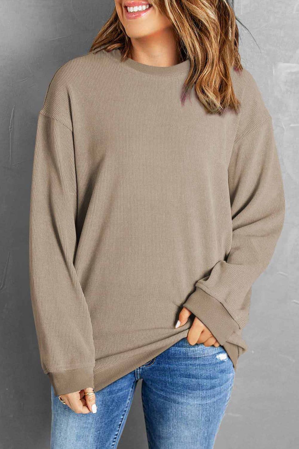 Customizable Solid Ribbed Knit Round Neck Casual PulloverSweatshirt