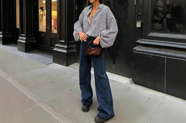 Women's Oversized Balloon Sleeve Checkered Button Up Shirt