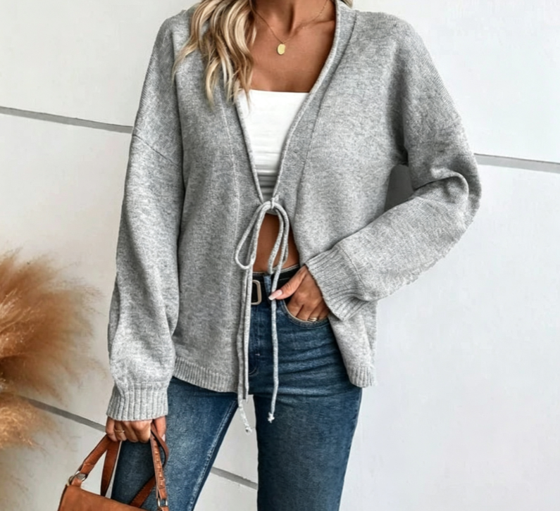 Women's Tie Front Cardigan V-Neck Knit Oversized Gray