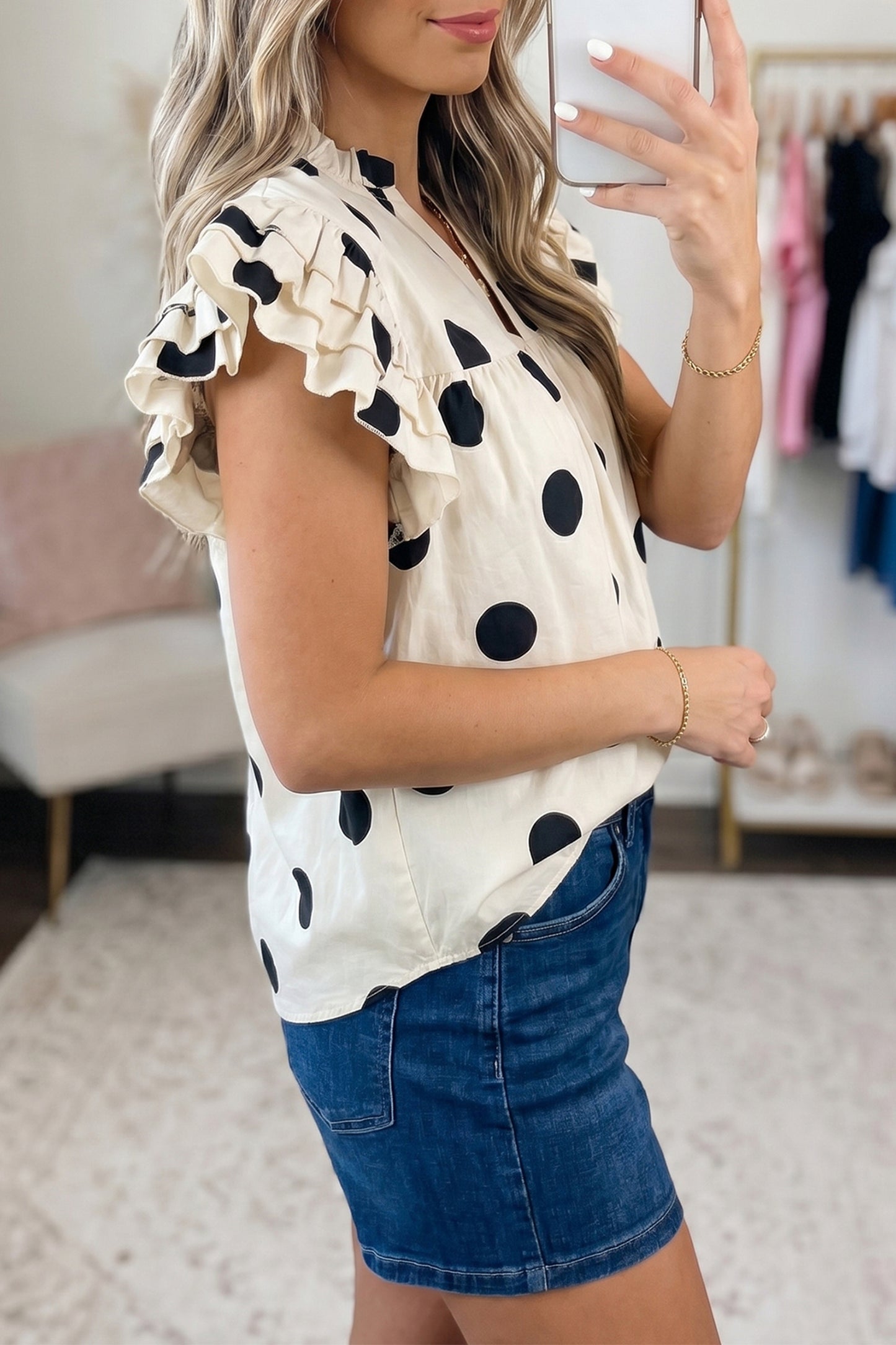 Polka Dot Ruffle Sleeve V Neck Shift Blouse Top