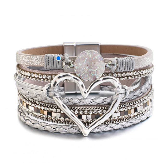 Boho Layered Leather Heart Rhinestone Magnetic Bracelet