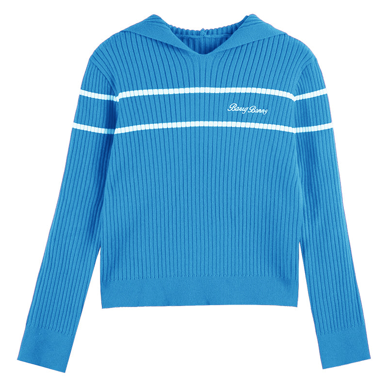 Girls' Striped Knit Hoodie Sweater with Long Sleeves