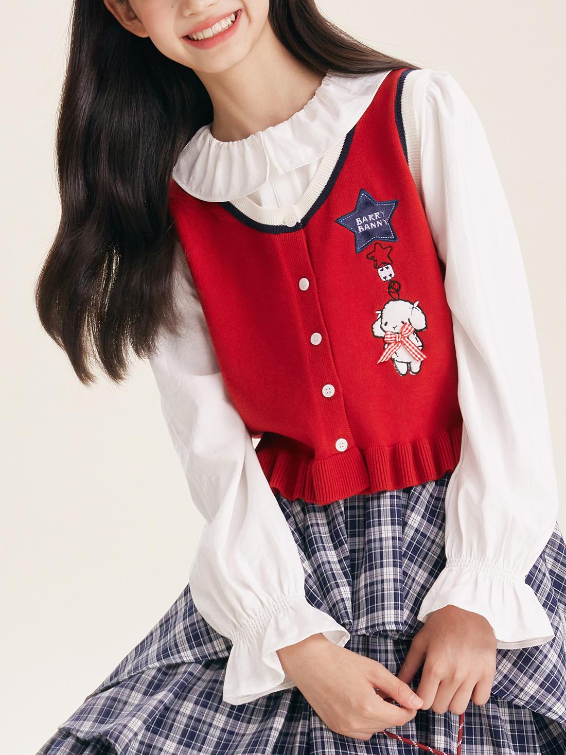 Cute Embroidered Red Knit Vest Cardigan for Kids – Adorable Ruffle Hem