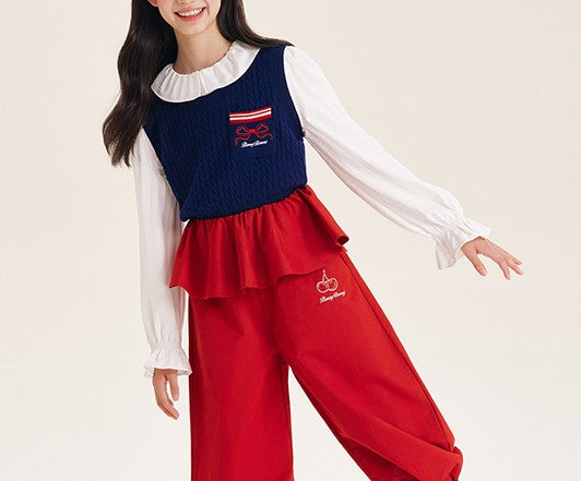 Cute Navy Knitted Vest with Red Bow Detail for Girls
