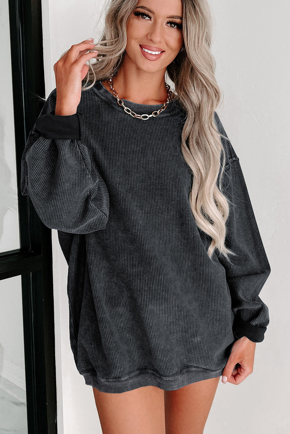 Customizable Solid Ribbed Knit Round Neck Casual PulloverSweatshirt