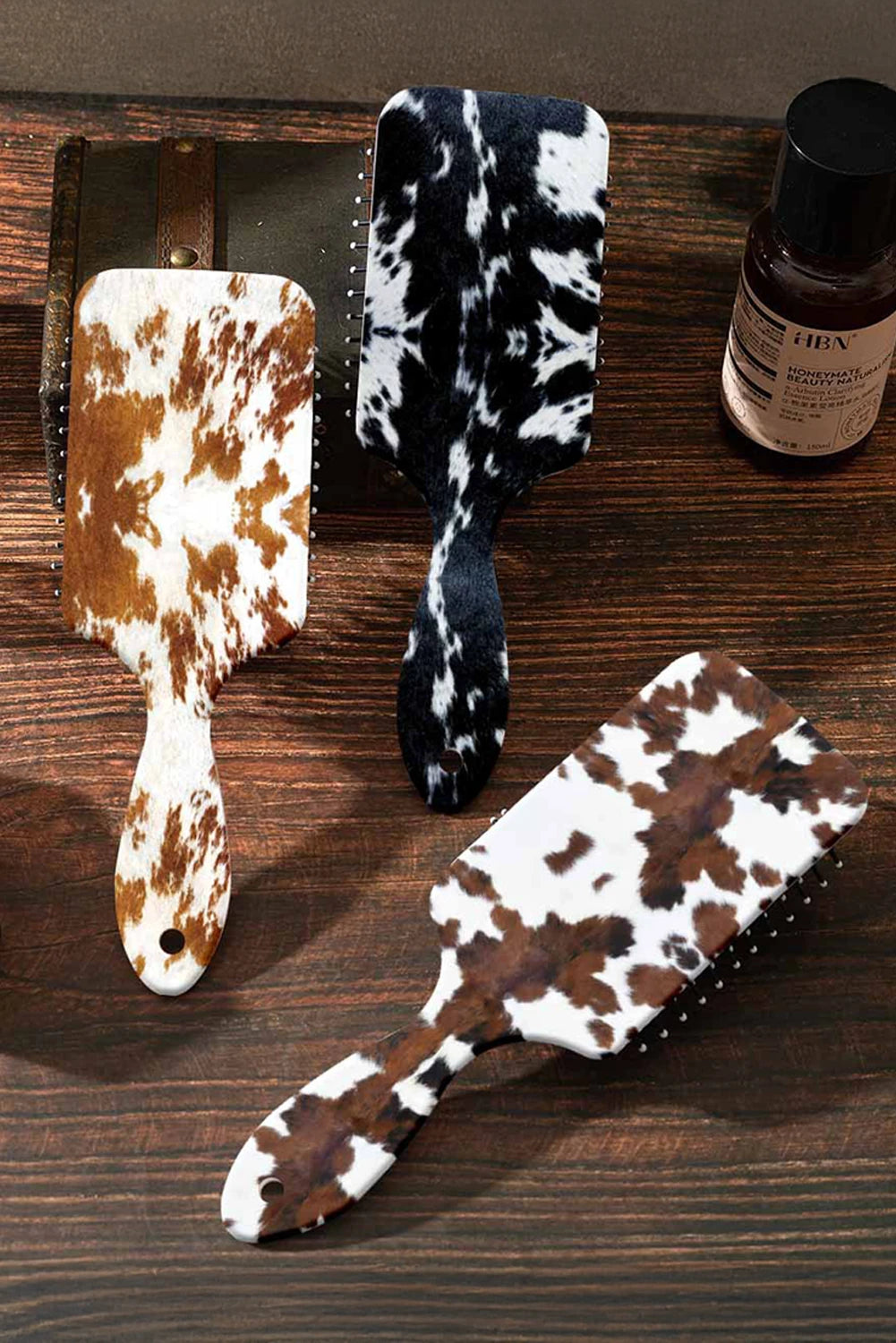 Chestnut Cow Print Air Cushion Hair Brush with Long Handle