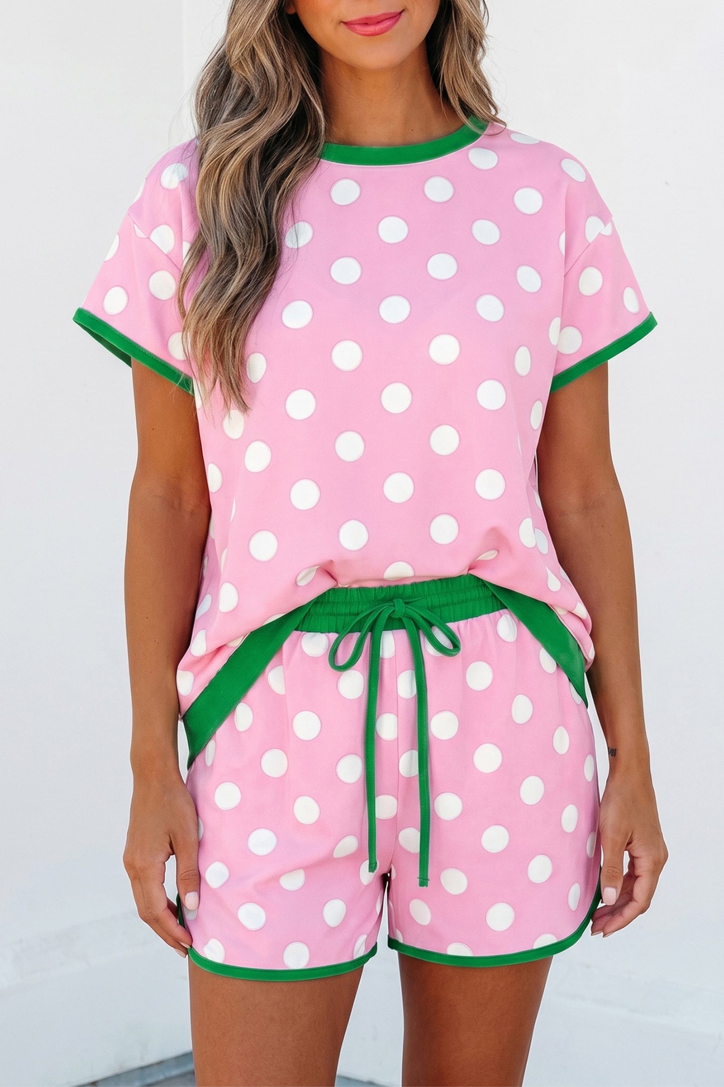 Polka Dot Lounge Set Contrast Trim Tee and Shorts
