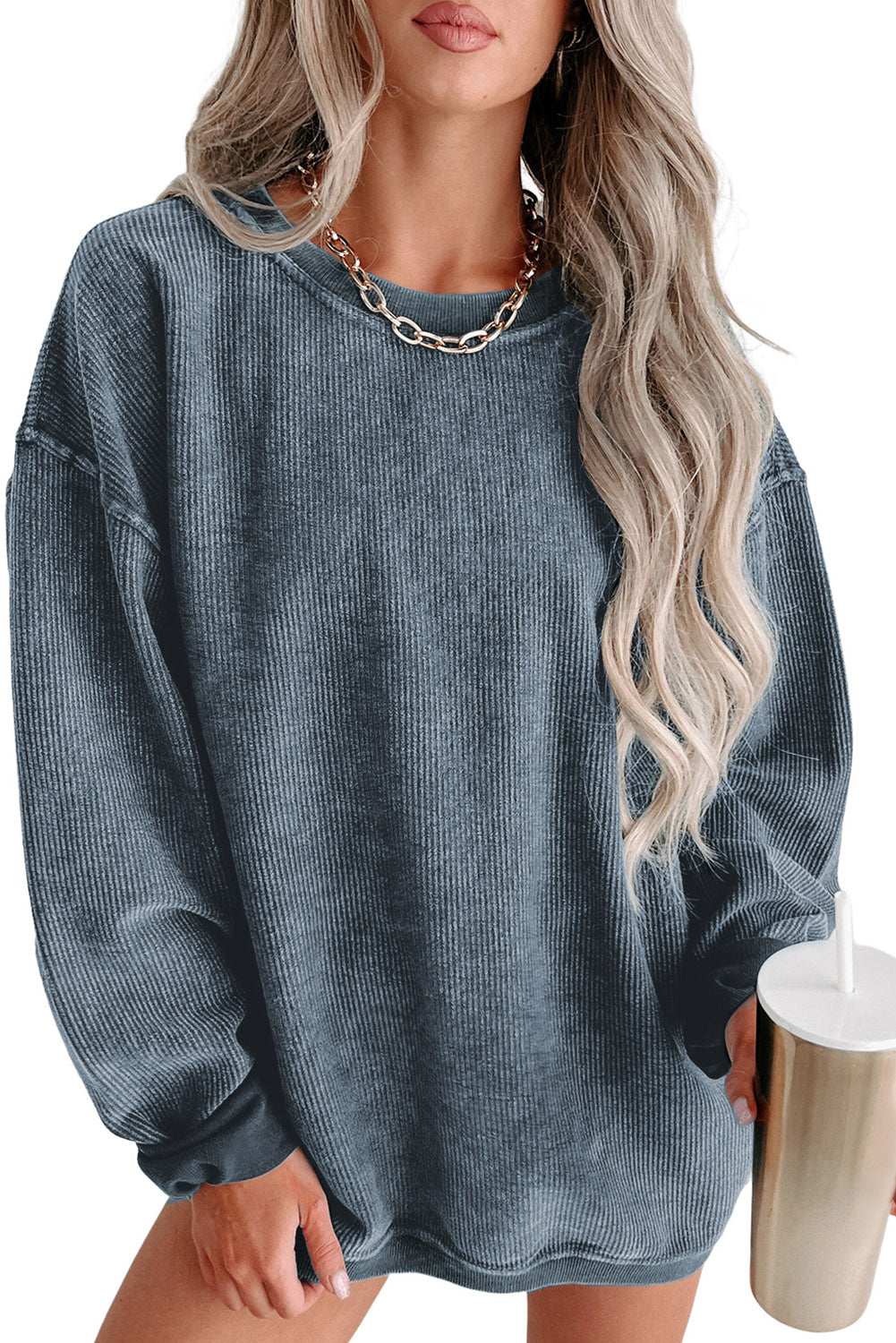 Customizable Solid Ribbed Knit Round Neck Casual PulloverSweatshirt