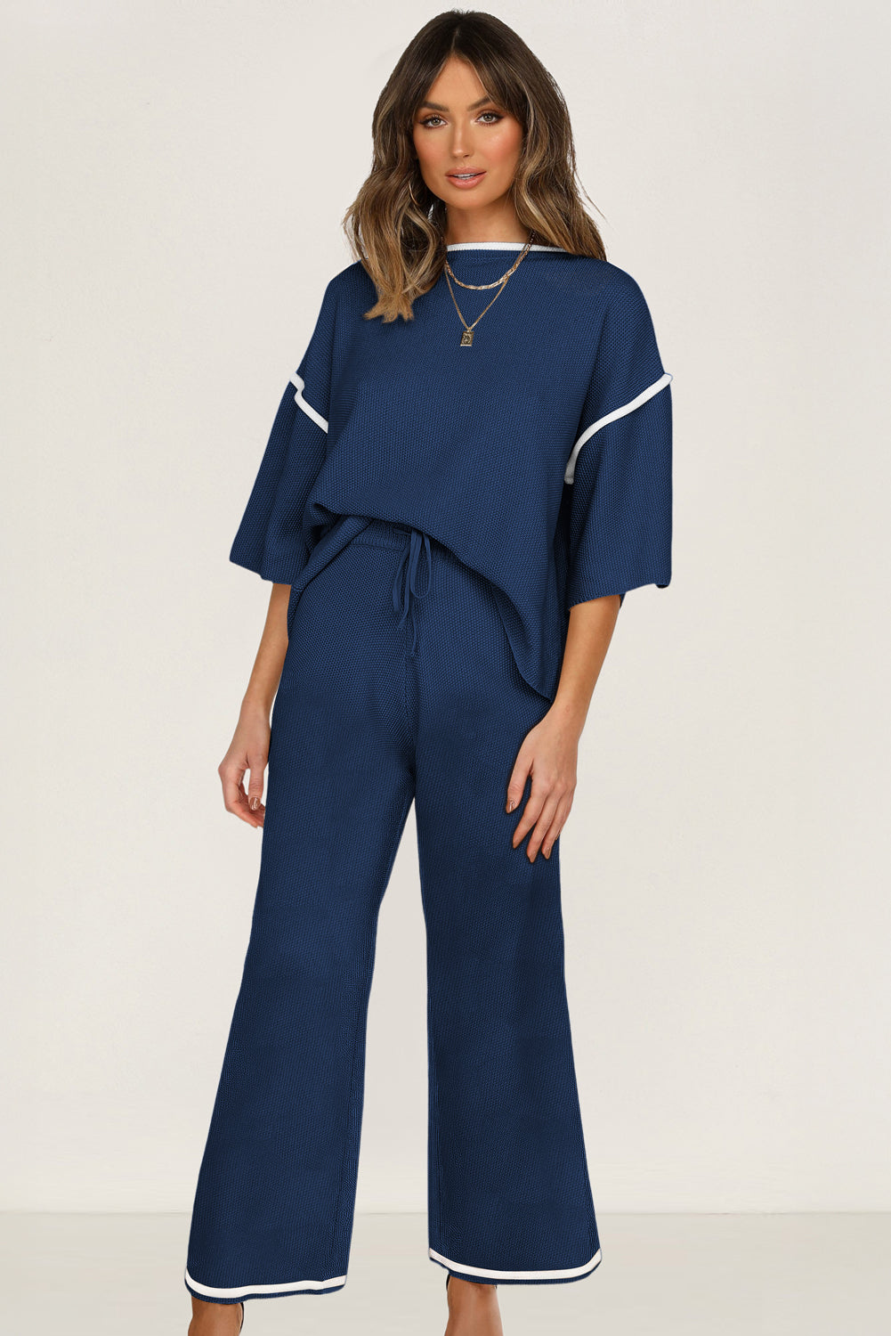 Women’s Knit Lounge Set Contrast Trim Top and Pants
