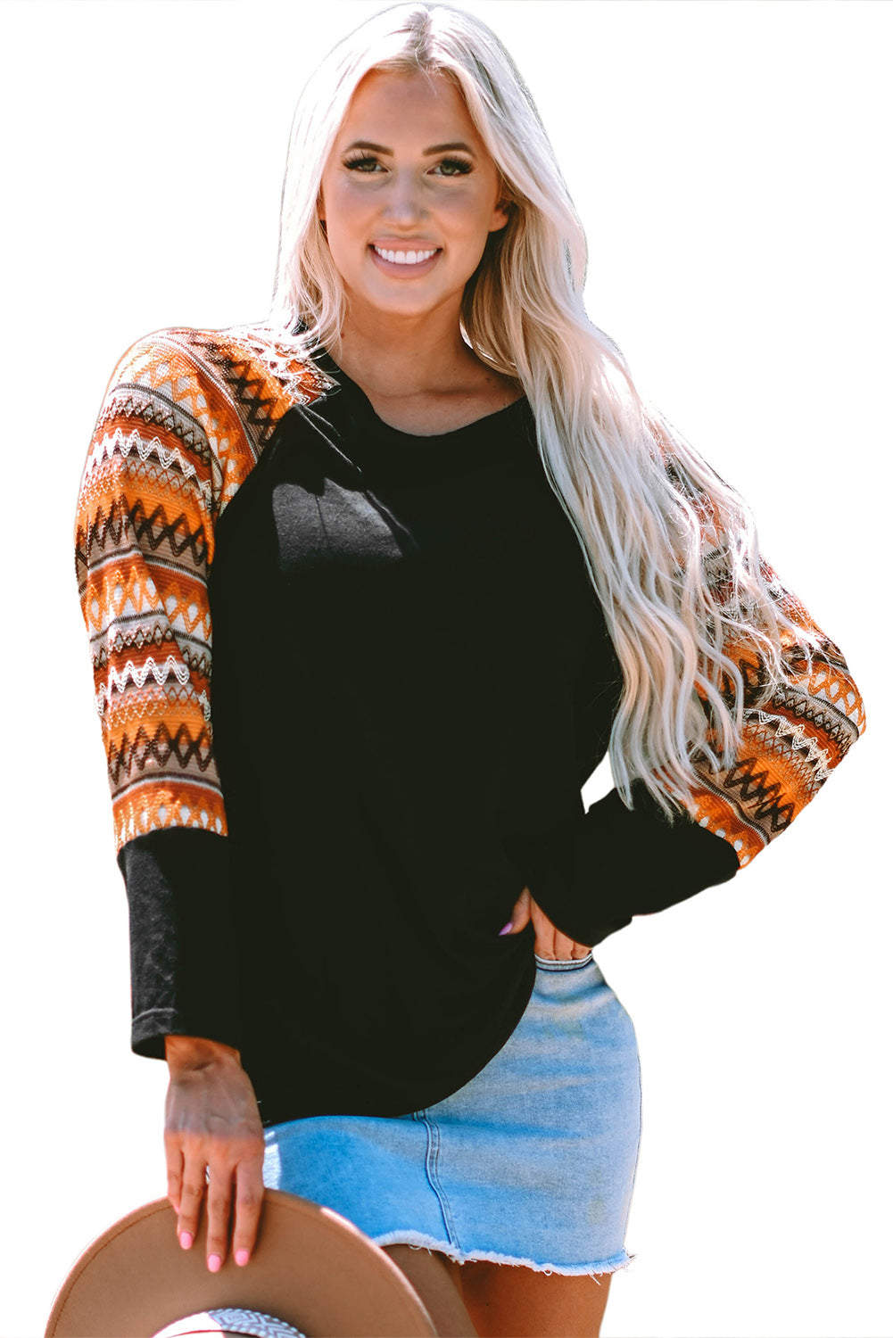 Tribal Print Raglan Sleeve Crewneck Knit Top