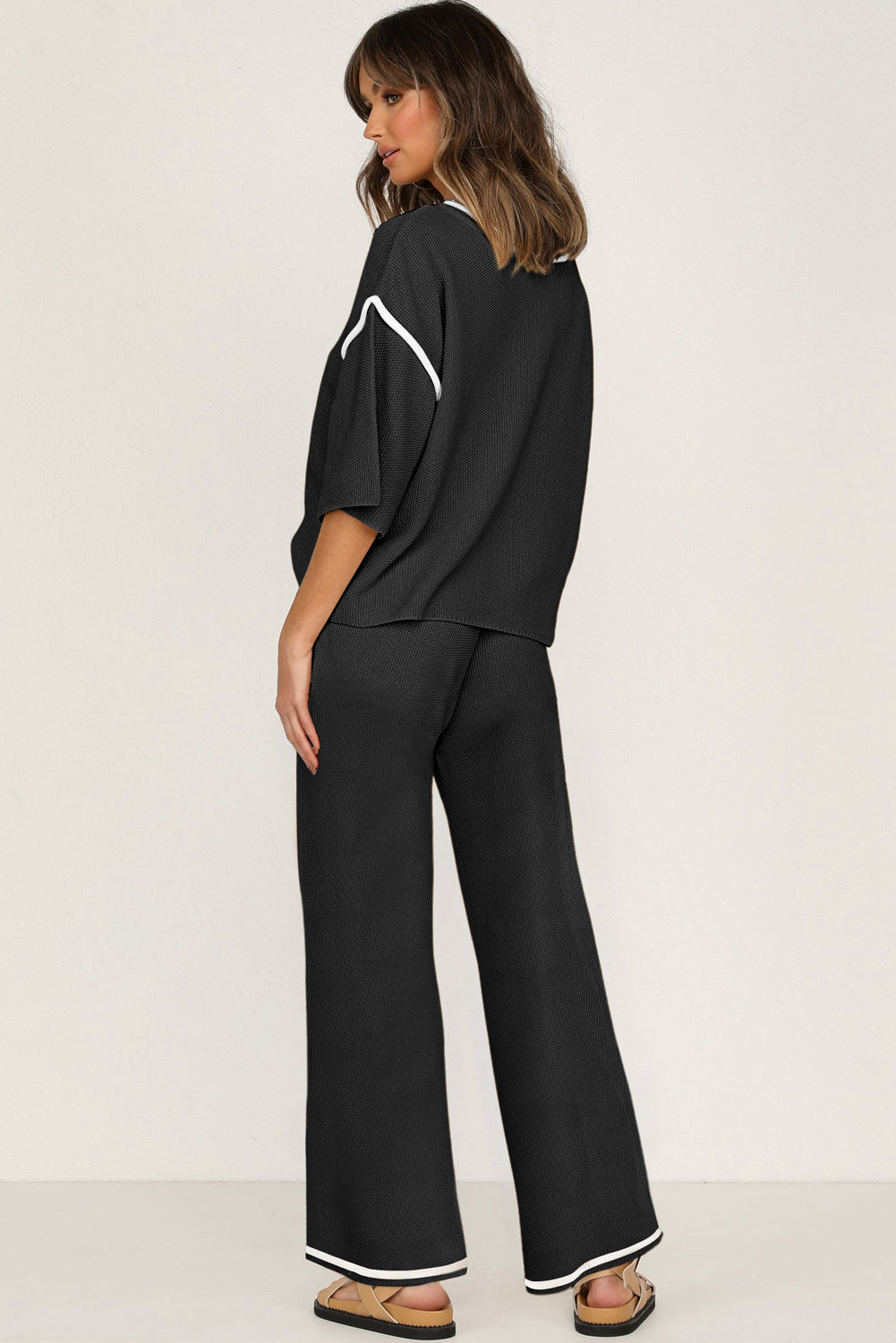 Women’s Knit Lounge Set Contrast Trim Top and Pants