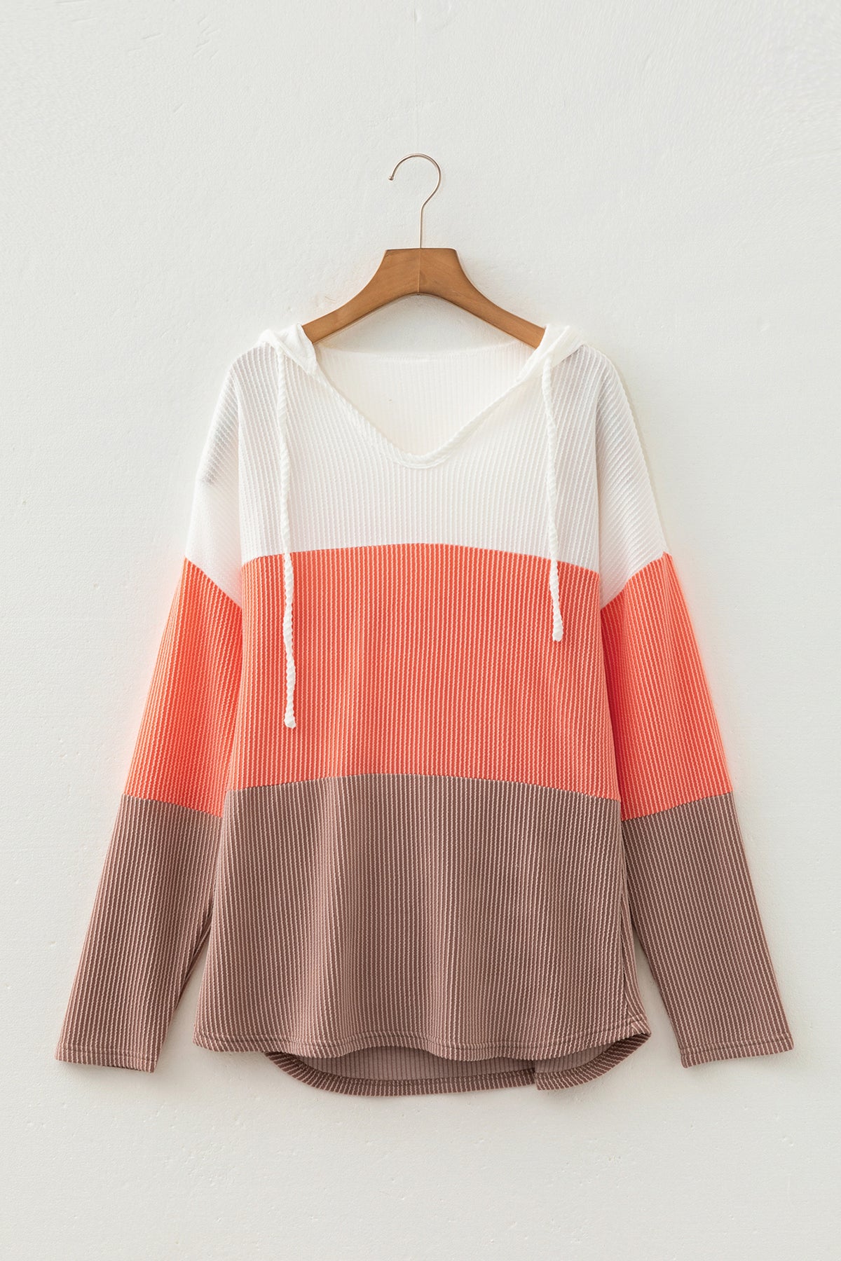 Gold Flame Ribbed Color Block Hooded Long Sleeve Casual Top