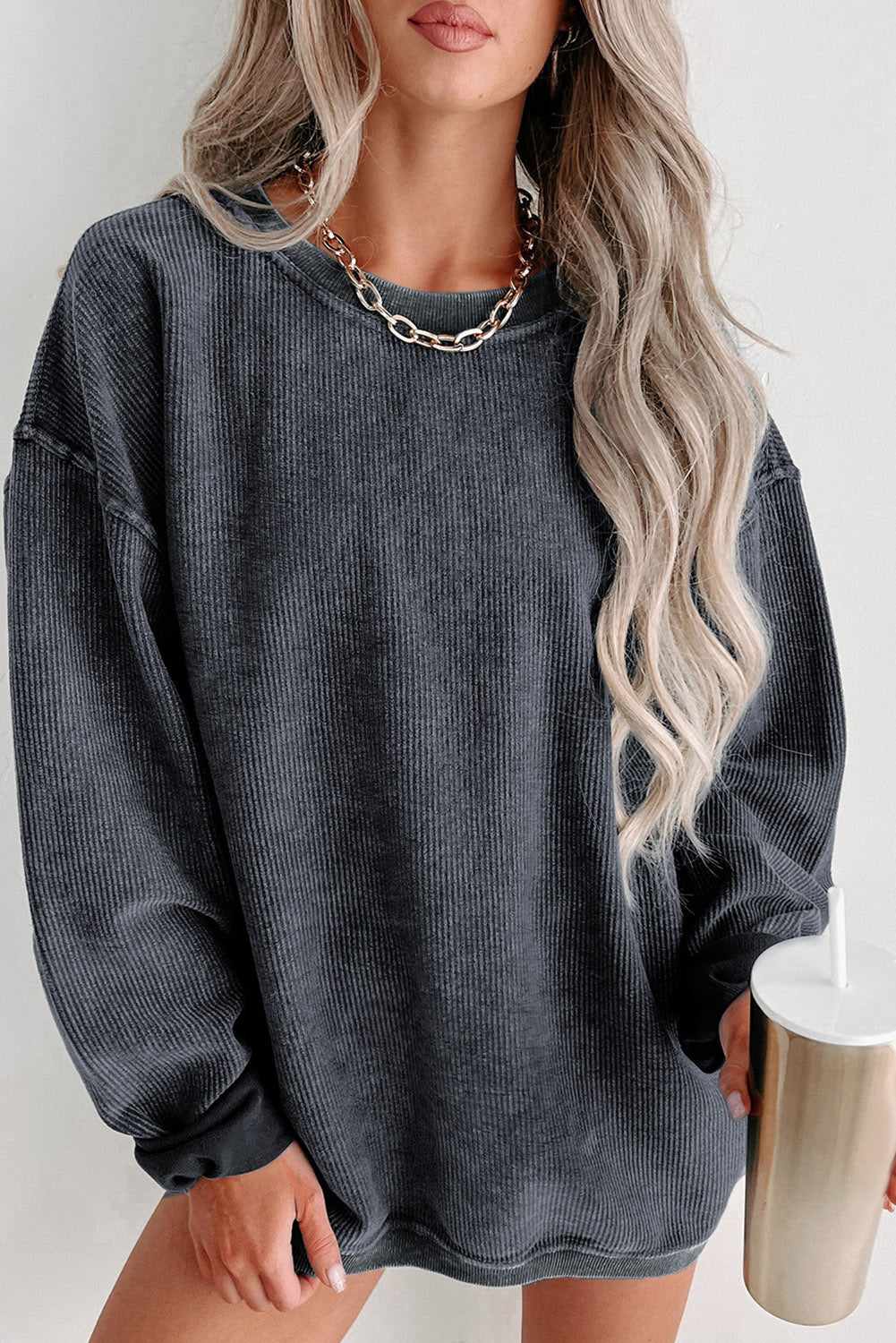 Customizable Solid Ribbed Knit Round Neck Casual PulloverSweatshirt