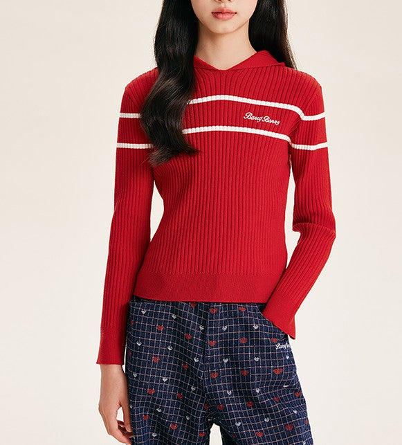 Girls' Striped Knit Hoodie Sweater with Long Sleeves