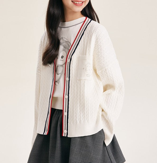 Girls' Cozy Button-Front Cardigan with Striped Trim
