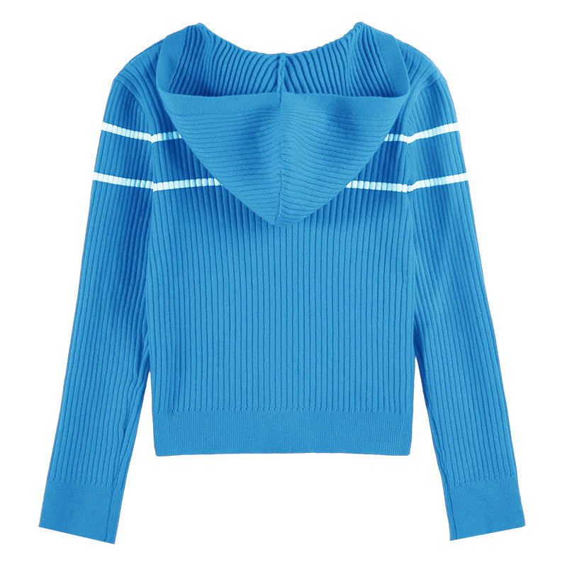 Girls' Striped Knit Hoodie Sweater with Long Sleeves