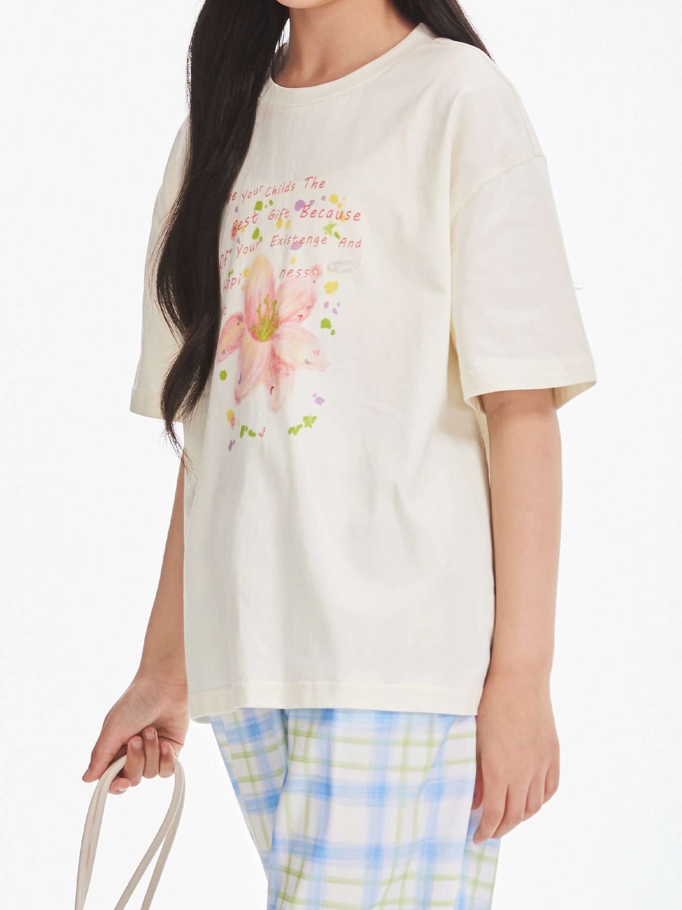 Girls Ivory Cotton Floral Graphic Short Sleeve T-Shirt