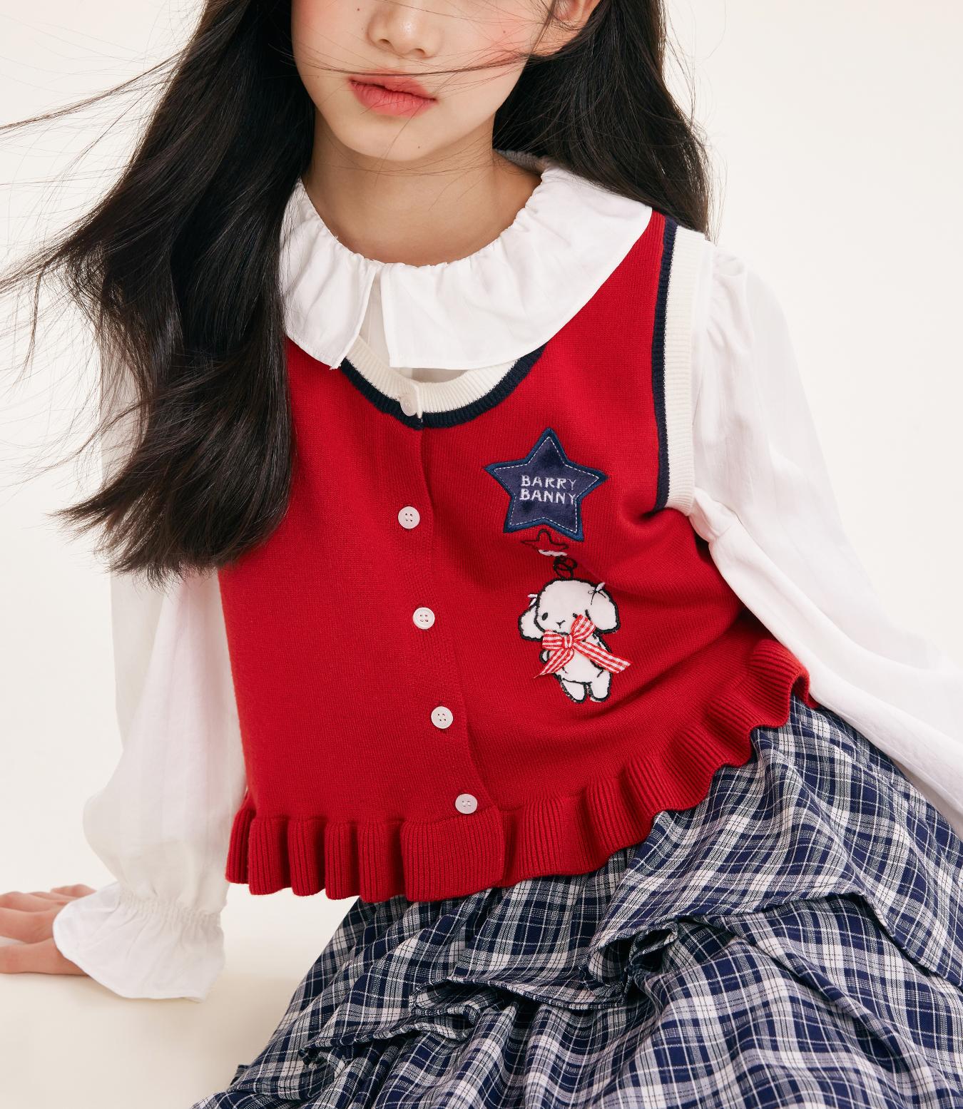 Cute Embroidered Red Knit Vest Cardigan for Kids – Adorable Ruffle Hem