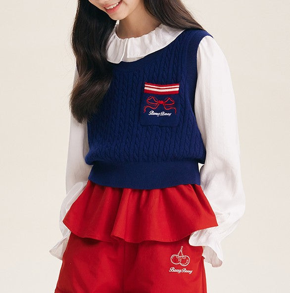 Cute Navy Knitted Vest with Red Bow Detail for Girls