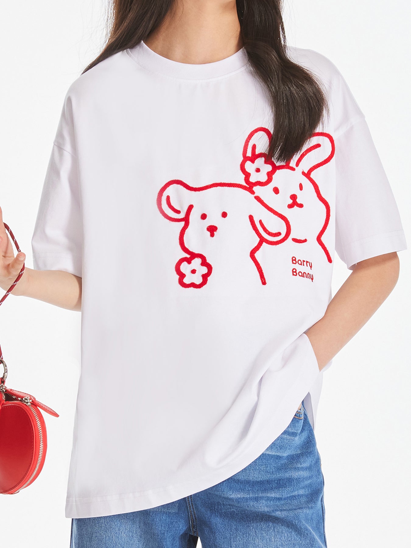 Girls White Cartoon Embroidered Short Sleeve T Shirt