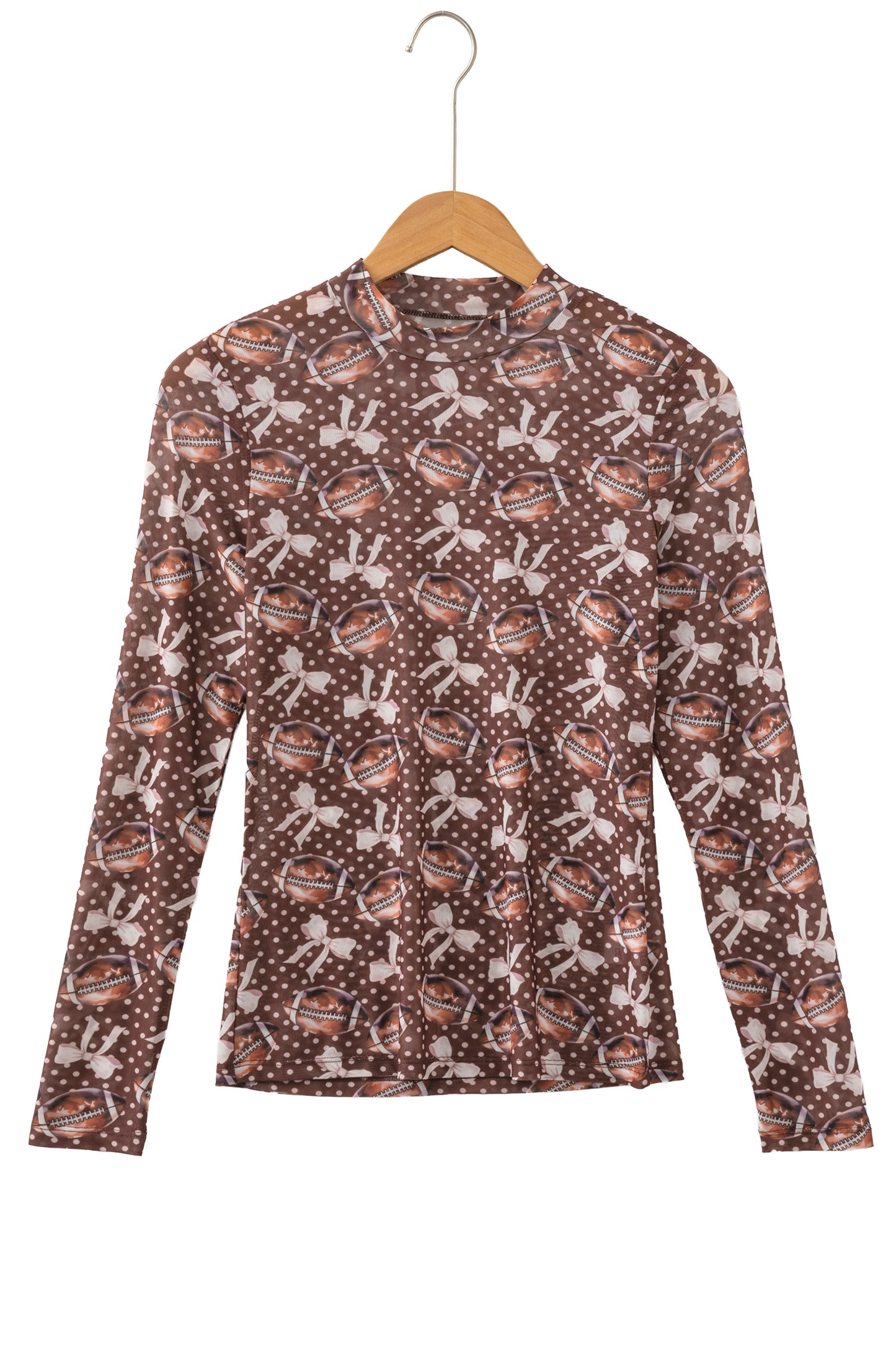 Brown Game Day Football Bow Polka Dot Mesh Long Sleeve Top
