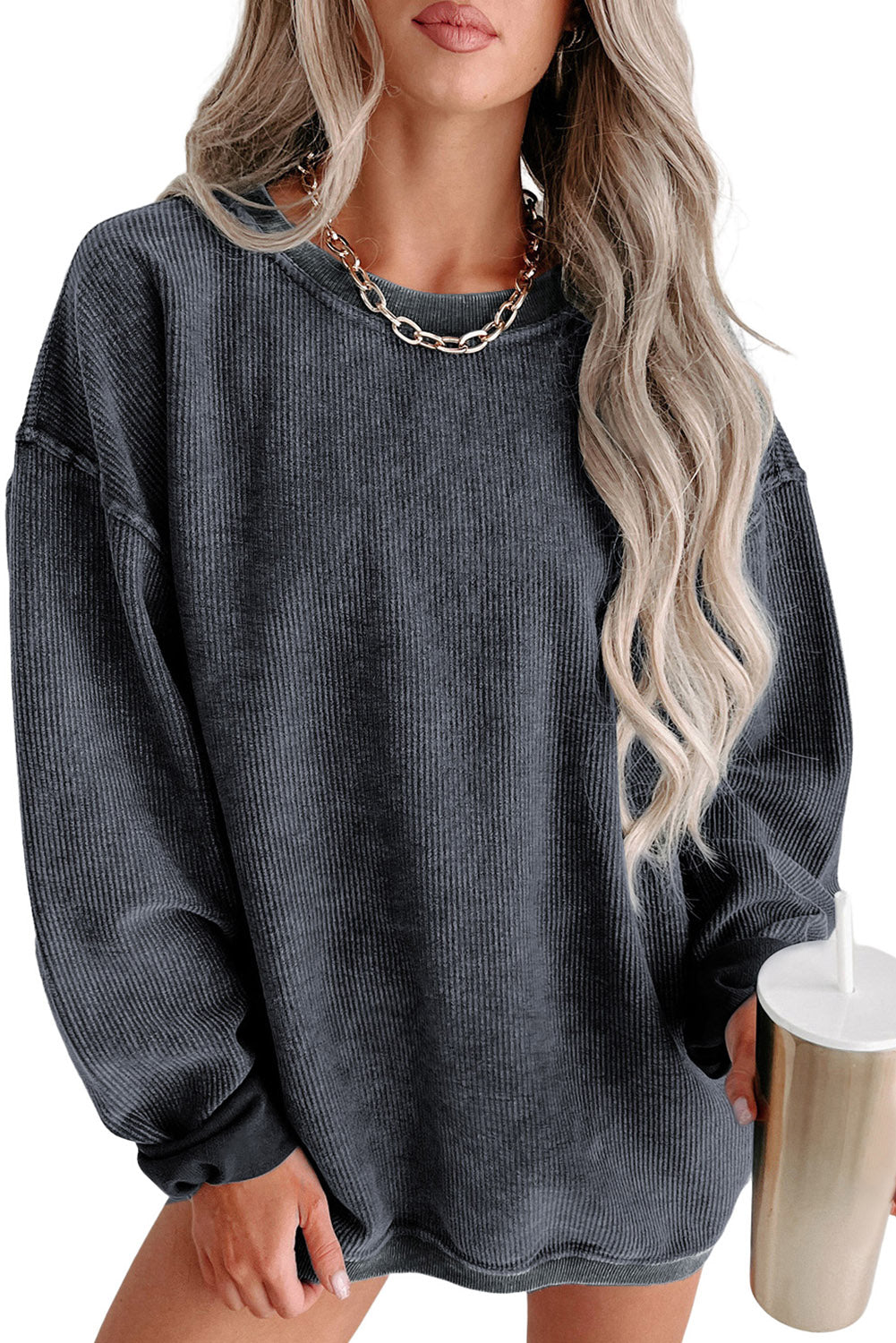 Customizable Solid Ribbed Knit Round Neck Casual PulloverSweatshirt
