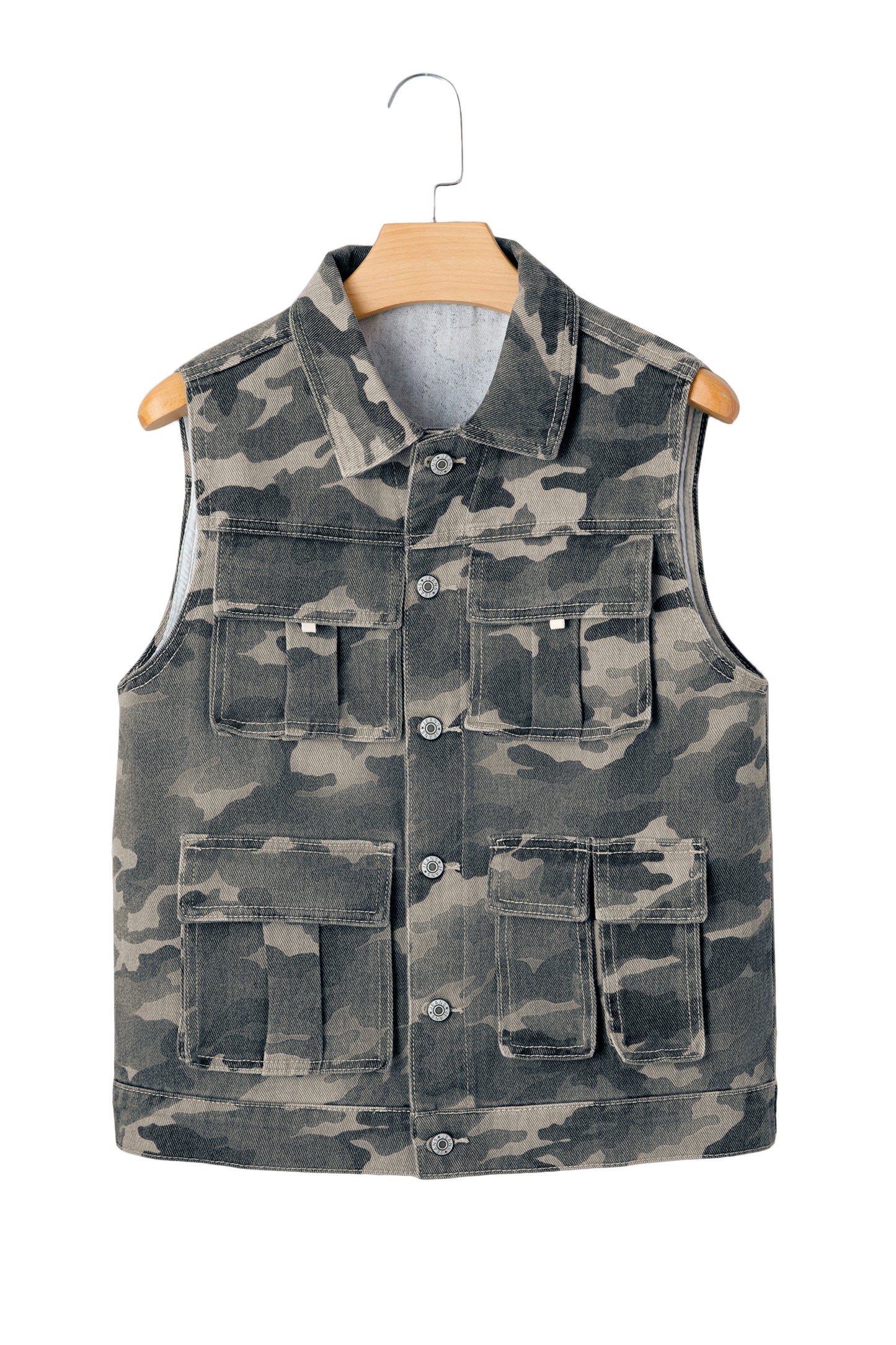 Camo Cargo Button Down Denim Vest with Utility Pockets