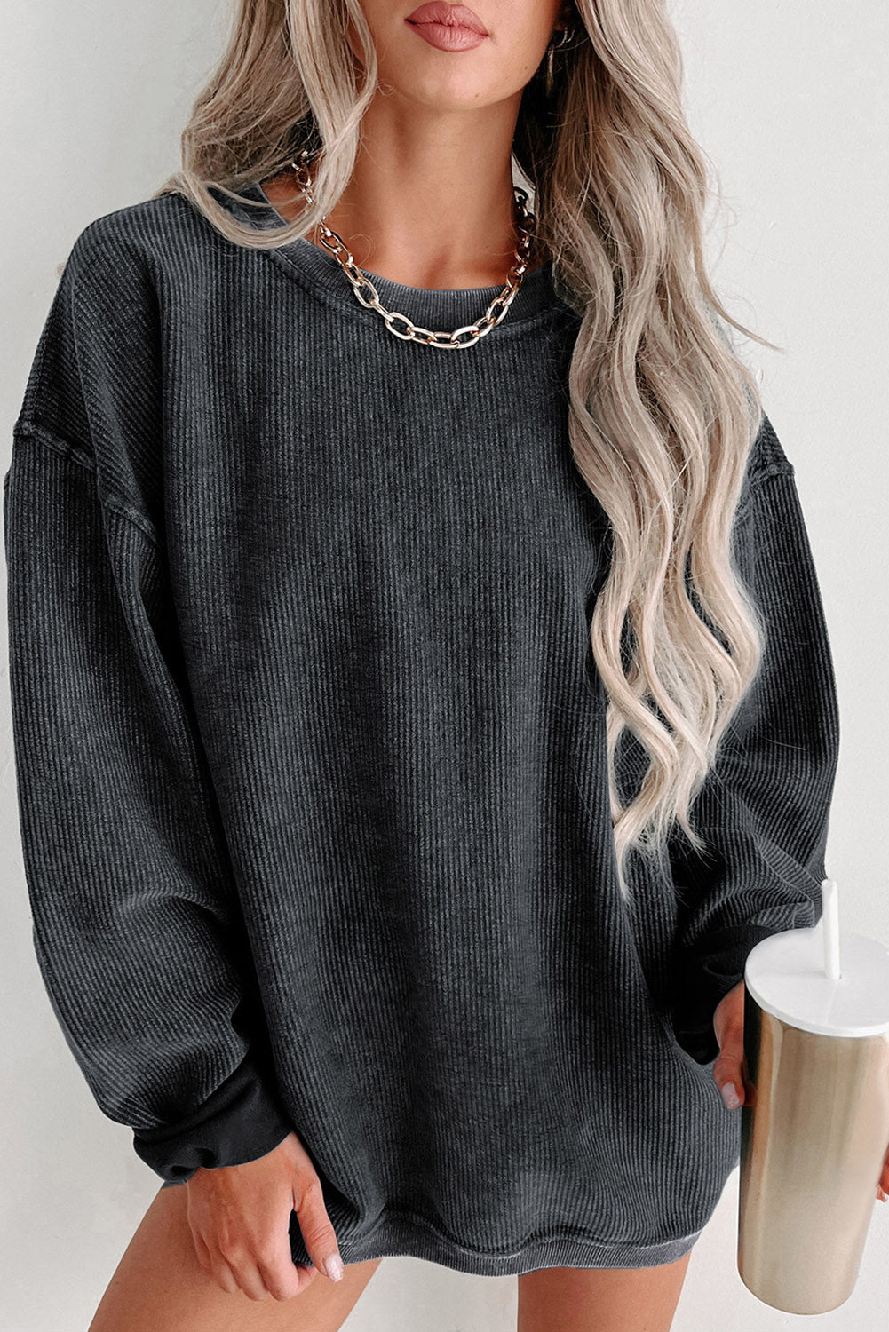 Customizable Solid Ribbed Knit Round Neck Casual PulloverSweatshirt